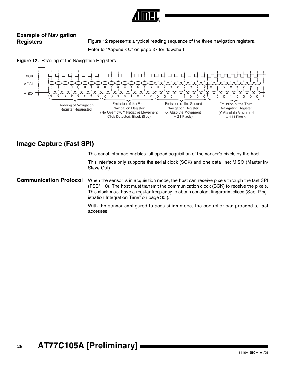 Example of navigation registers, Image capture (fast spi), Communication protocol | Rainbow Electronics AT77C105A User Manual | Page 26 / 39