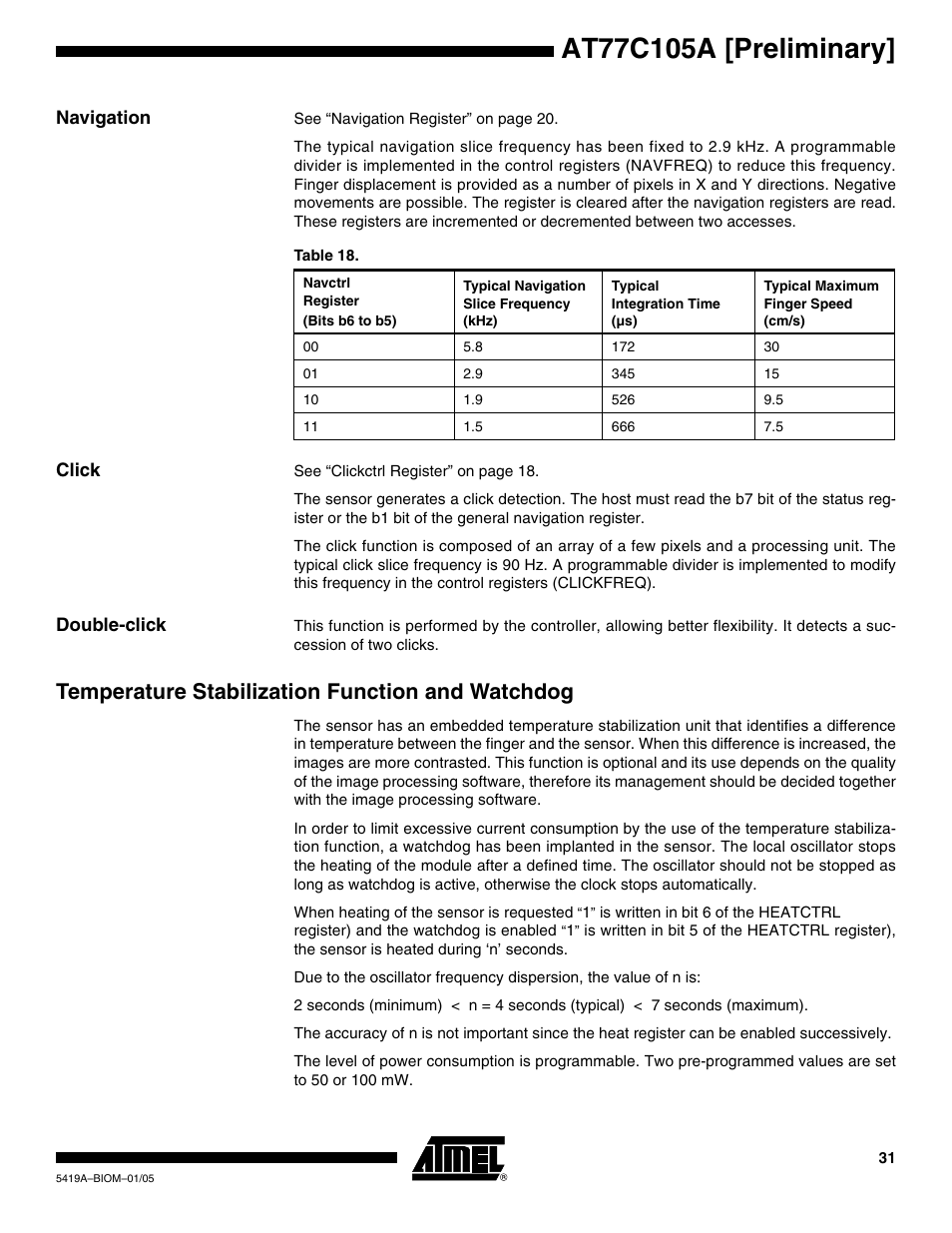 Navigation, Click, Double-click | Temperature stabilization function and watchdog | Rainbow Electronics AT77C105A User Manual | Page 31 / 39
