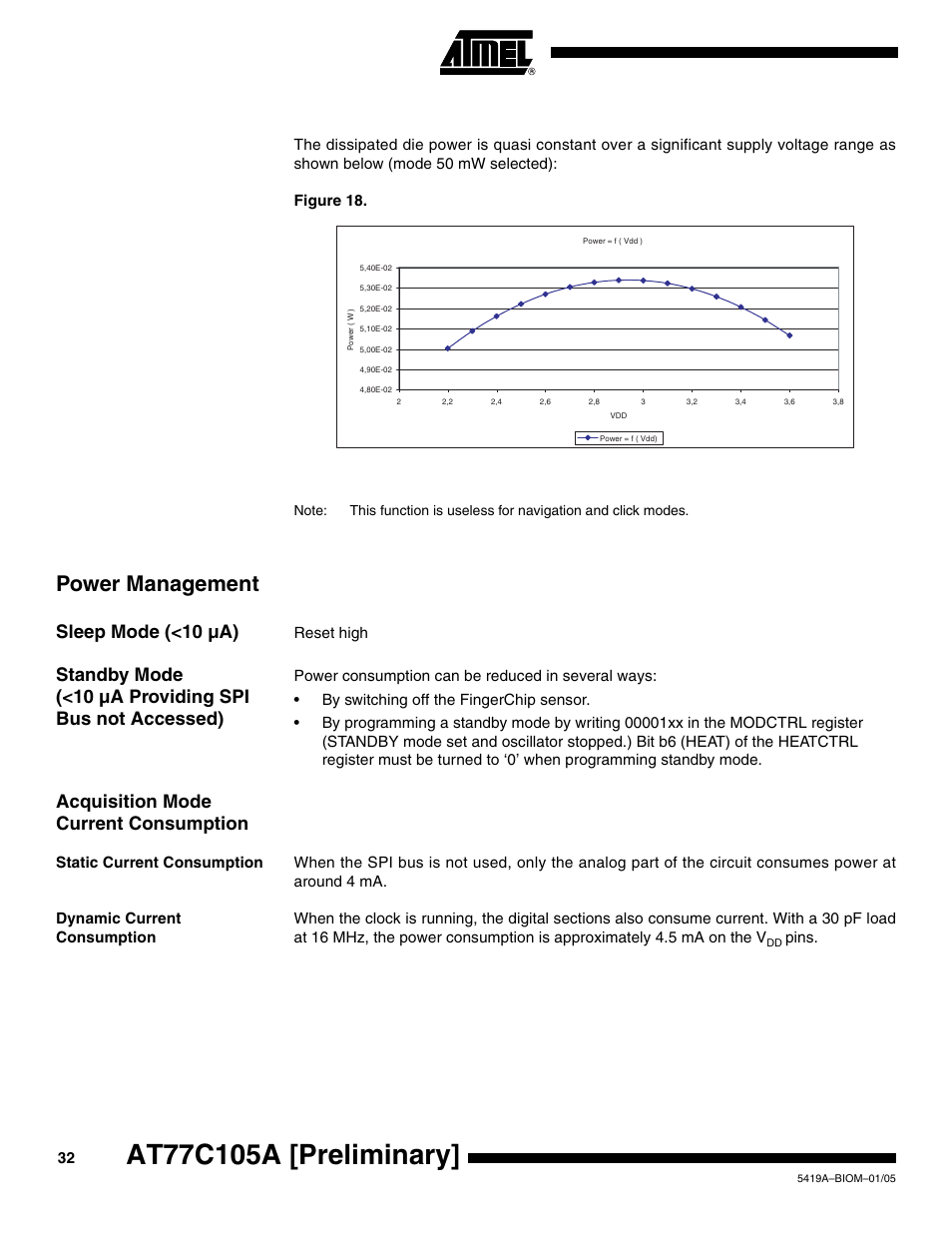 Power management, Sleep mode (<10 µa), Acquisition mode current consumption | Static current consumption, Dynamic current consumption, Reset high, Pins | Rainbow Electronics AT77C105A User Manual | Page 32 / 39