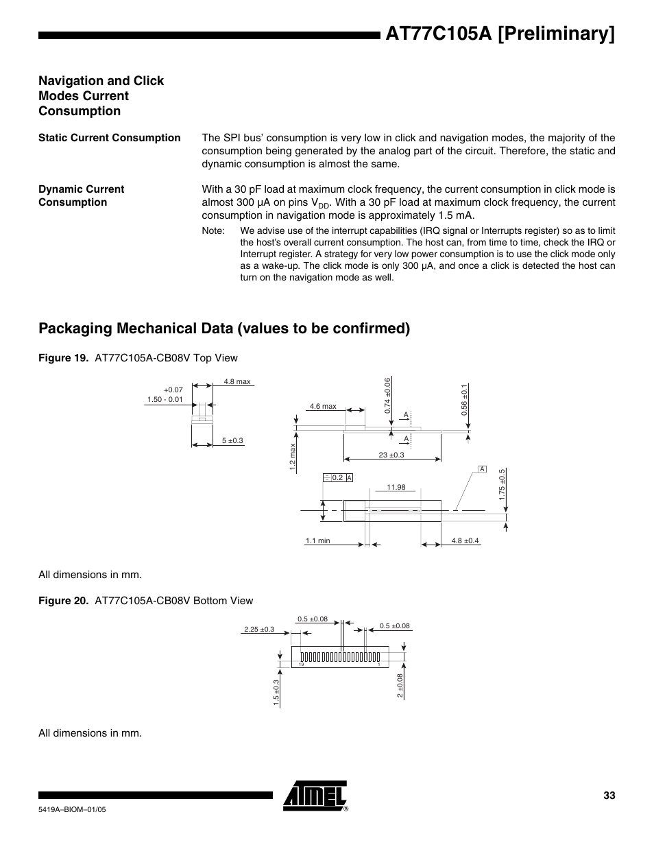 Navigation and click modes current consumption, Static current consumption, Dynamic current consumption | Packaging mechanical data (values to be confirmed) | Rainbow Electronics AT77C105A User Manual | Page 33 / 39