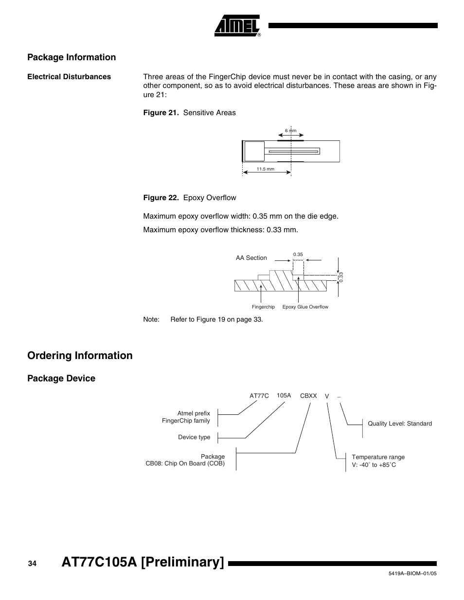 Package information, Electrical disturbances, Ordering information | Package device | Rainbow Electronics AT77C105A User Manual | Page 34 / 39