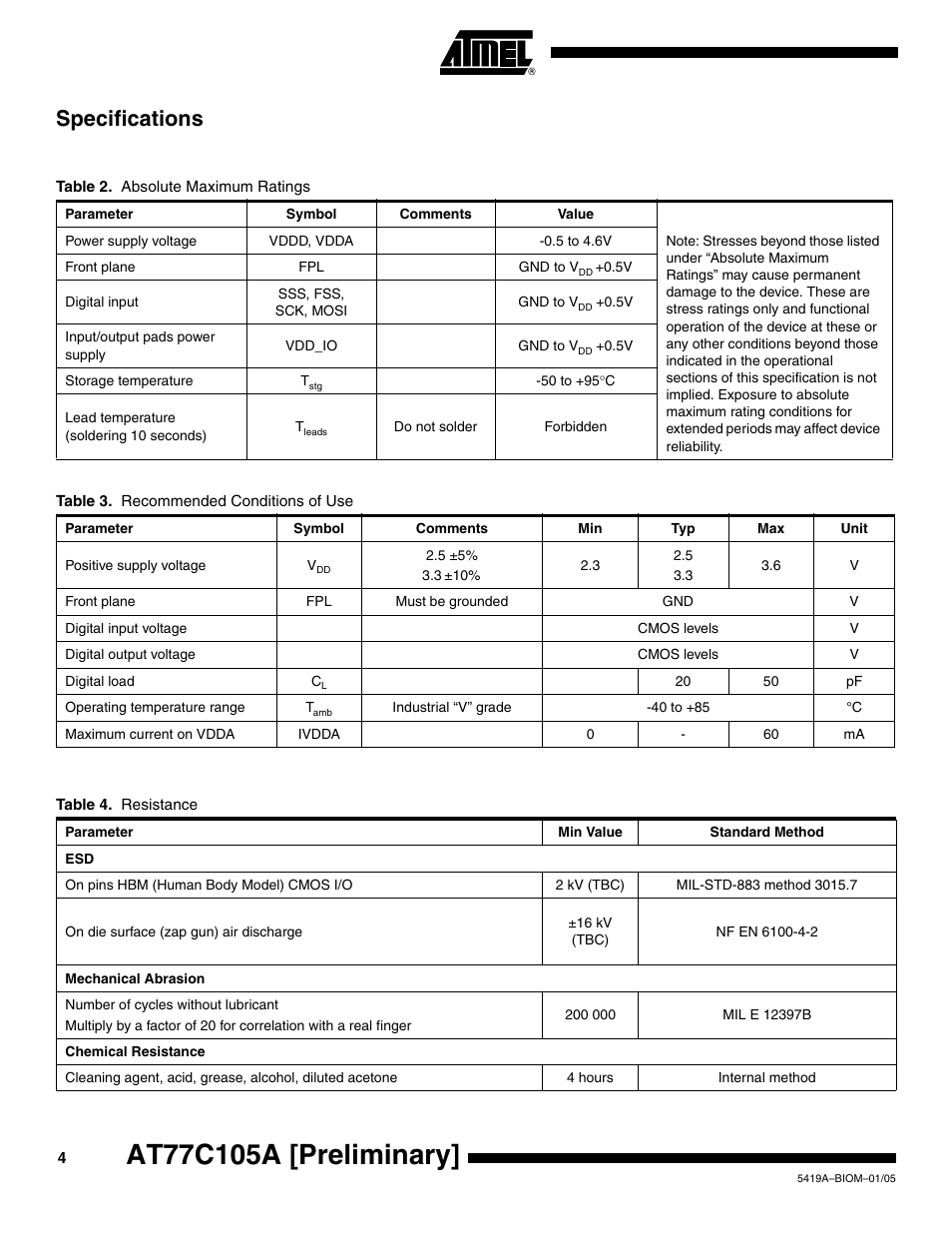 Specifications | Rainbow Electronics AT77C105A User Manual | Page 4 / 39