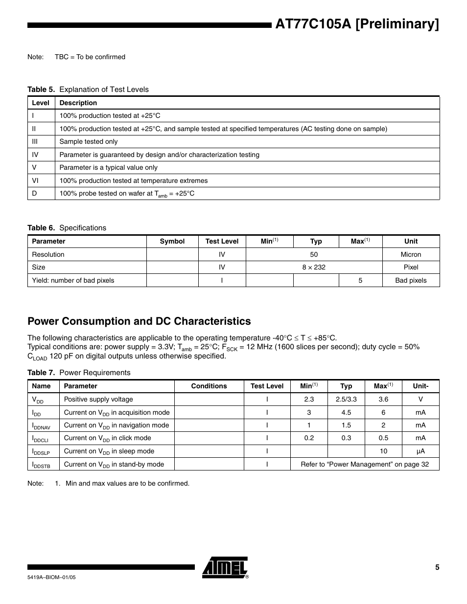 Power consumption and dc characteristics | Rainbow Electronics AT77C105A User Manual | Page 5 / 39