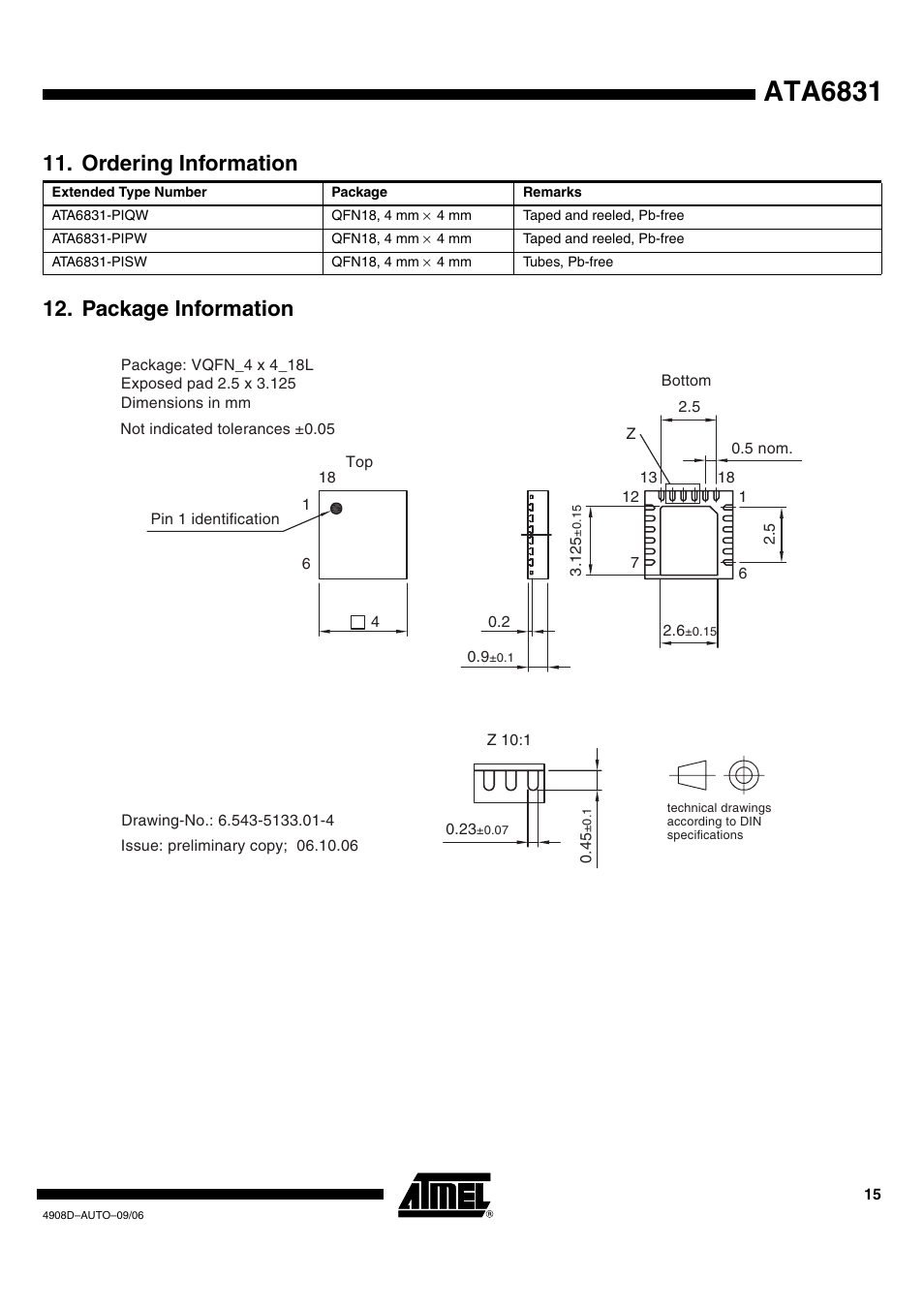 Ata6831, Package information 11. ordering information | Rainbow Electronics ATA6831 User Manual | Page 15 / 17