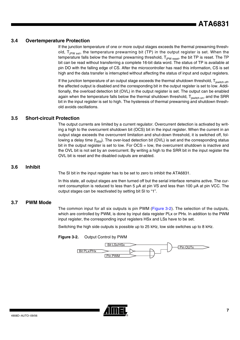 Ata6831, 4 overtemperature protection, 5 short-circuit protection | 6 inhibit, 7 pwm mode | Rainbow Electronics ATA6831 User Manual | Page 7 / 17