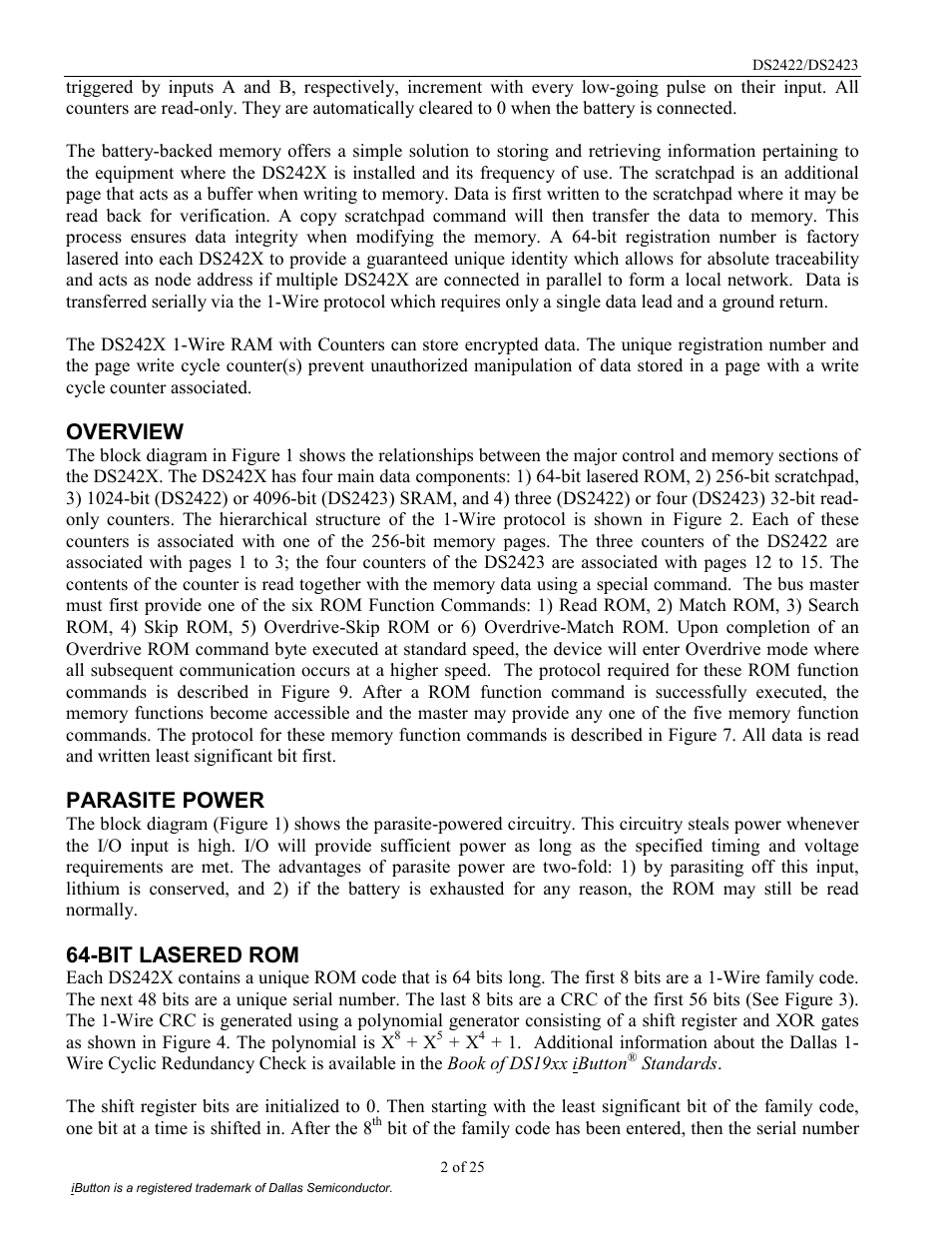 Overview, Parasite power, Bit lasered rom | Rainbow Electronics DS2422 User Manual | Page 2 / 25