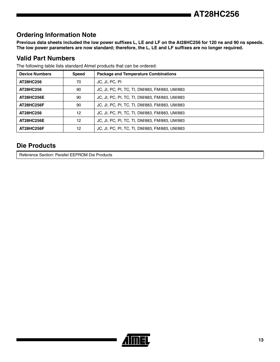 Ordering information note, Valid part numbers, Die products | Rainbow Electronics AT28HC256 User Manual | Page 13 / 16