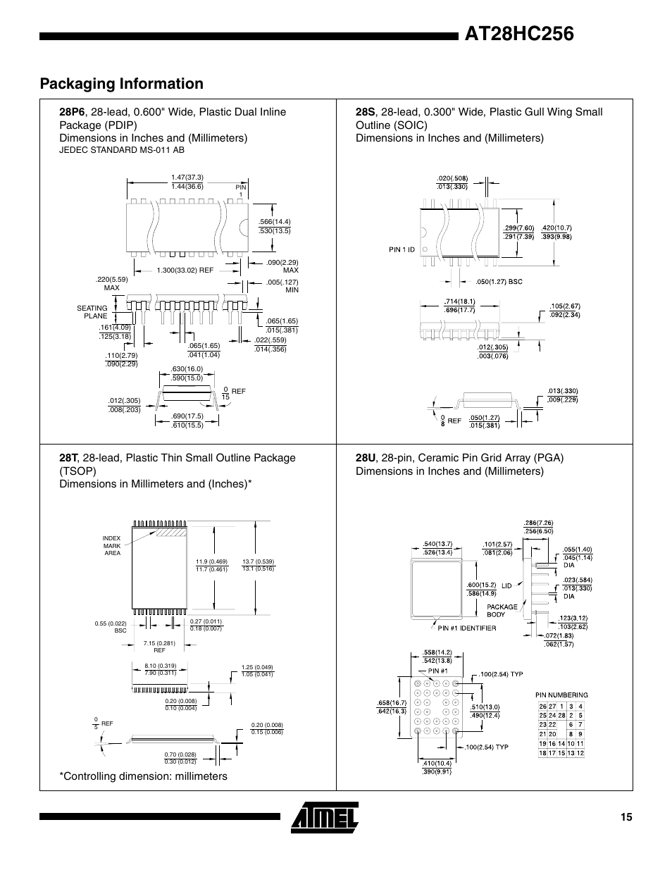 Packaging information, Controlling dimension: millimeters | Rainbow Electronics AT28HC256 User Manual | Page 15 / 16