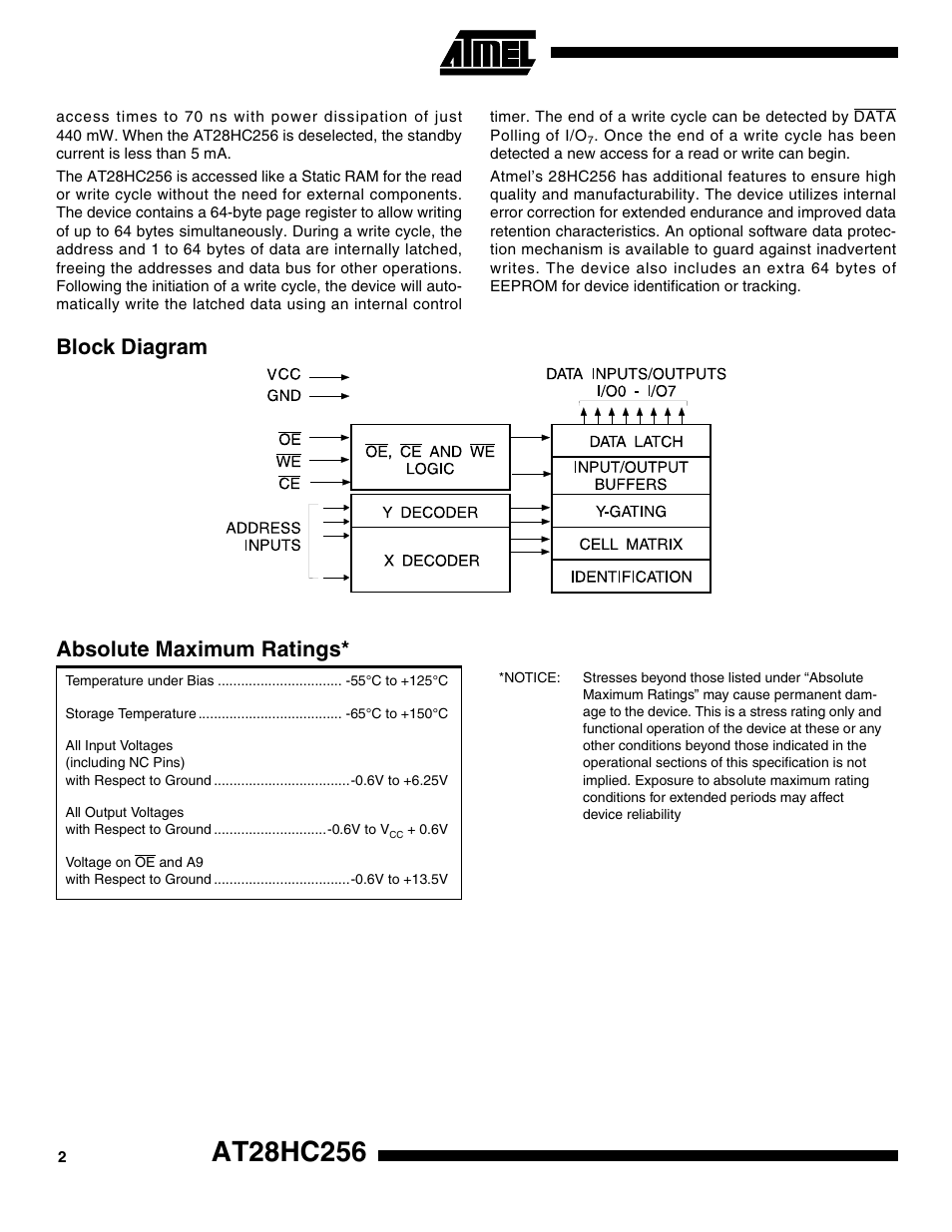 Block diagram, Absolute maximum ratings, Block diagram absolute maximum ratings | Rainbow Electronics AT28HC256 User Manual | Page 2 / 16