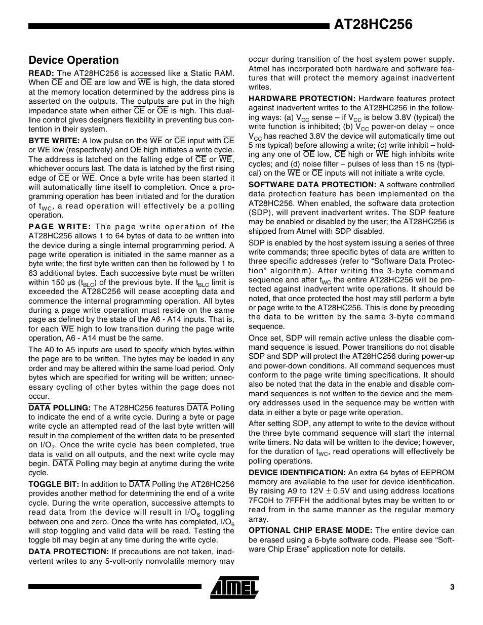 Device operation | Rainbow Electronics AT28HC256 User Manual | Page 3 / 16