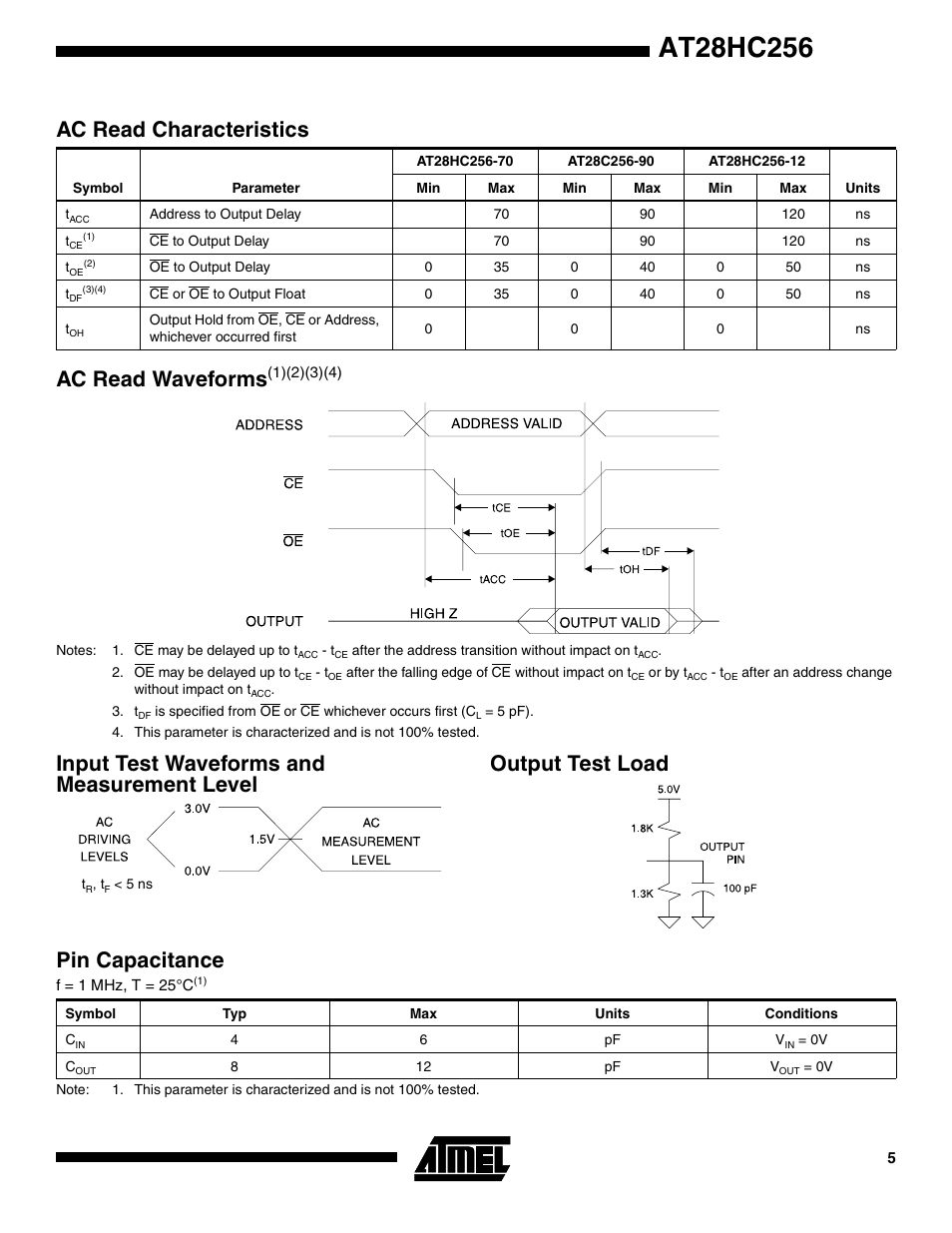 Ac read characteristics, Ac read waveforms(1)(2)(3)(4), Input test waveforms and measurement level | Output test load, Pin capacitance, Ac read waveform s | Rainbow Electronics AT28HC256 User Manual | Page 5 / 16