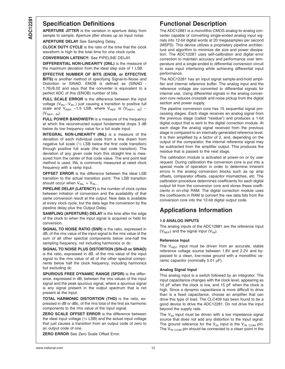 Specification definitions, Functional description, Applications information | 0 analog inputs, Reference input, Analog signal input | Rainbow Electronics ADC12281 User Manual | Page 12 / 16