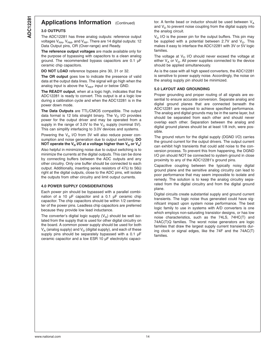 0 outputs, 0 power supply considerations, 0 layout and grounding | Applications information | Rainbow Electronics ADC12281 User Manual | Page 14 / 16