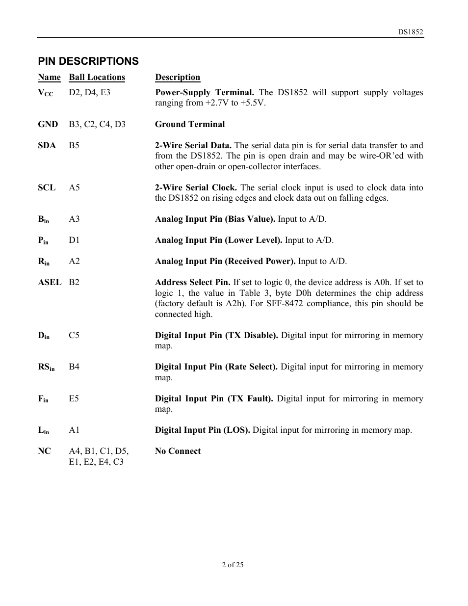 Pin descriptions | Rainbow Electronics DS1852 User Manual | Page 2 / 25