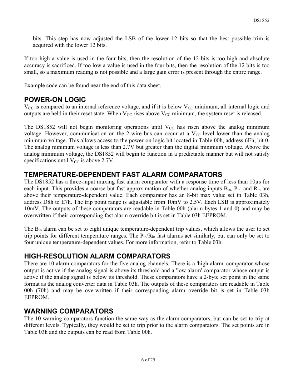 Power-on logic, Temperature-dependent fast alarm comparators, High-resolution alarm comparators | Warning comparators | Rainbow Electronics DS1852 User Manual | Page 6 / 25
