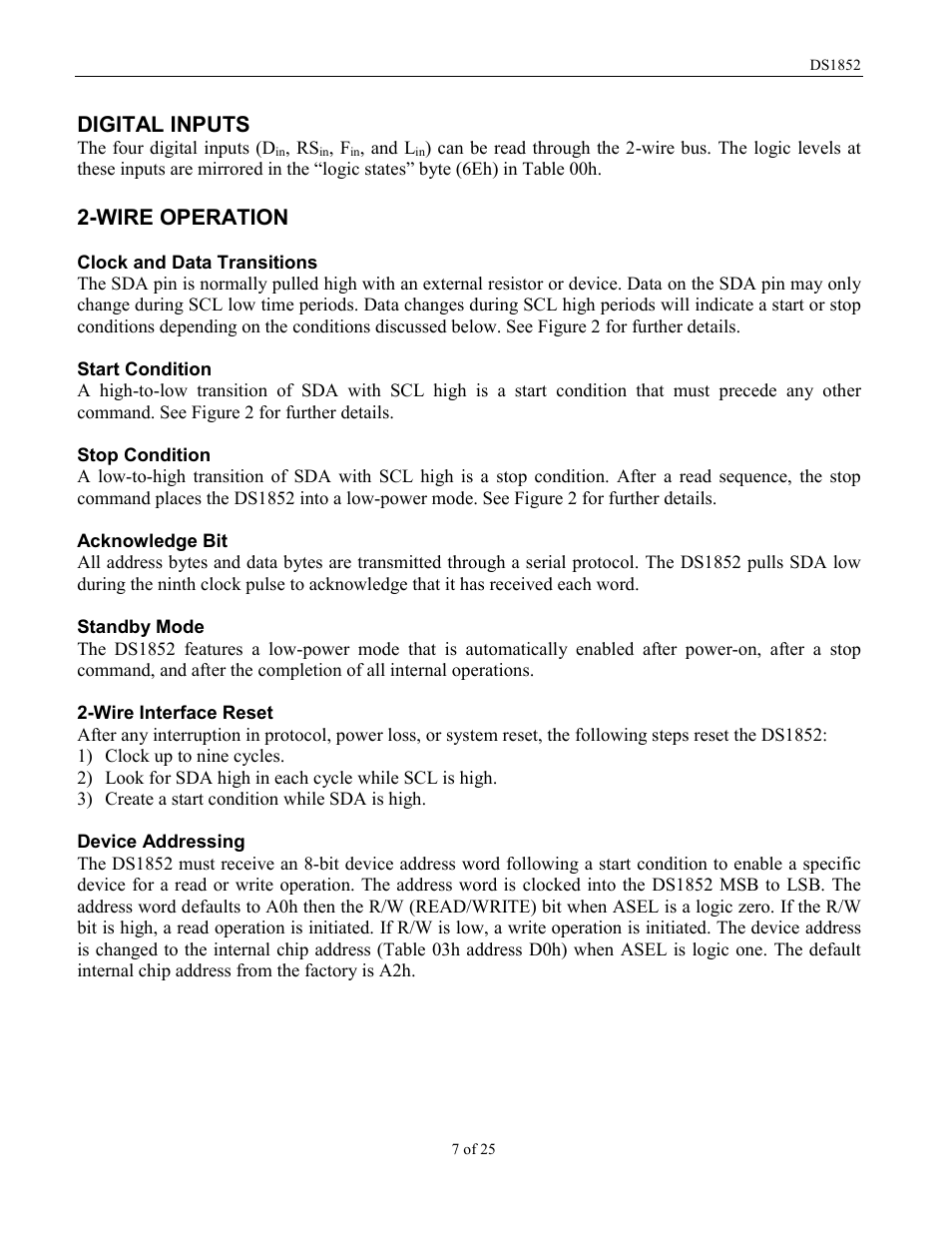 Digital inputs, Wire operation | Rainbow Electronics DS1852 User Manual | Page 7 / 25