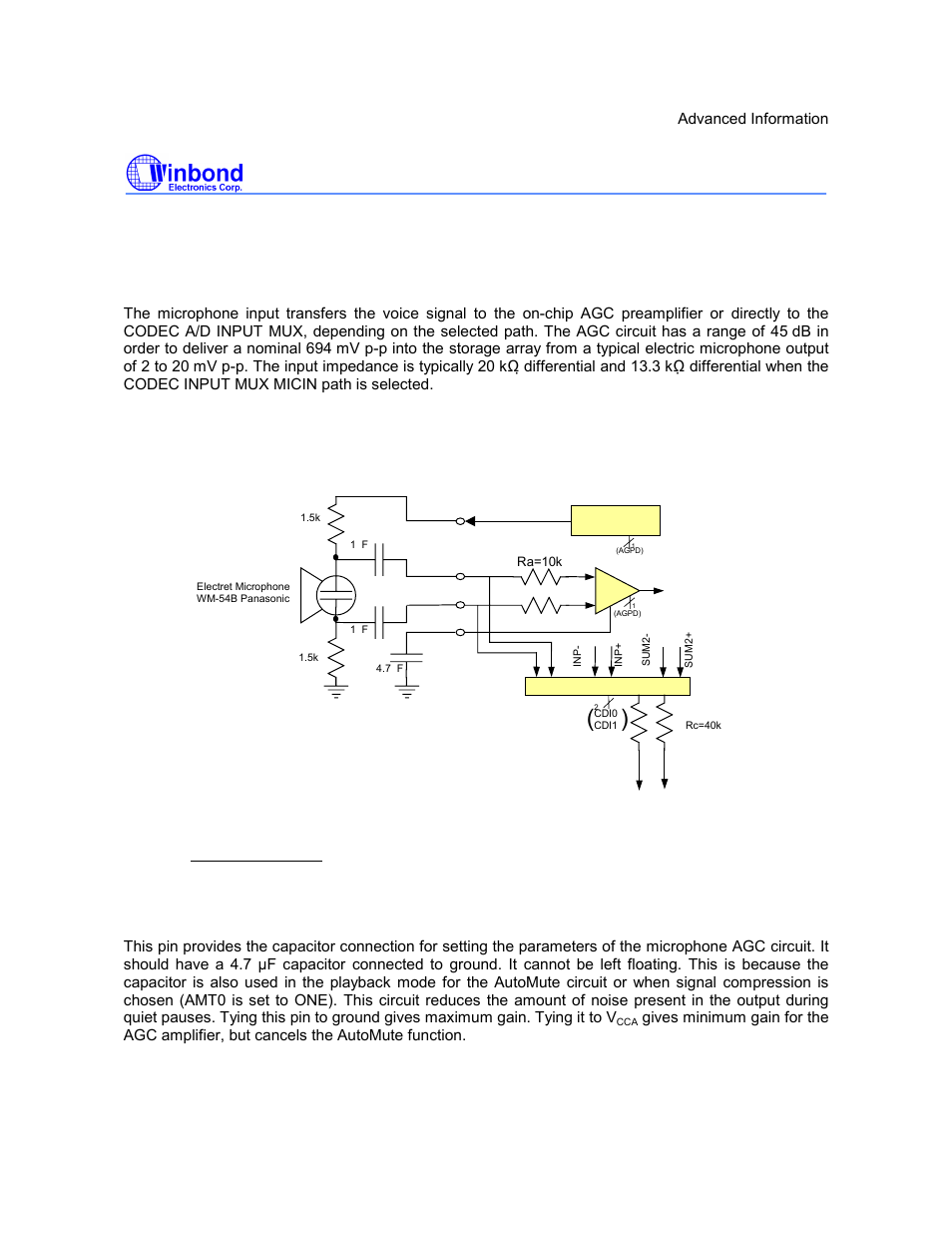 I5216 series, Preliminary, Analog i/o pins | Cra f, Mic+, mic- (microphone input +/-), Microphone input, Acap (agc capacitor) | Rainbow Electronics ISD5216 User Manual | Page 48 / 83