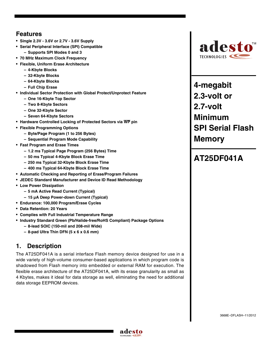 Rainbow Electronics AT25DF041A User Manual | 41 pages
