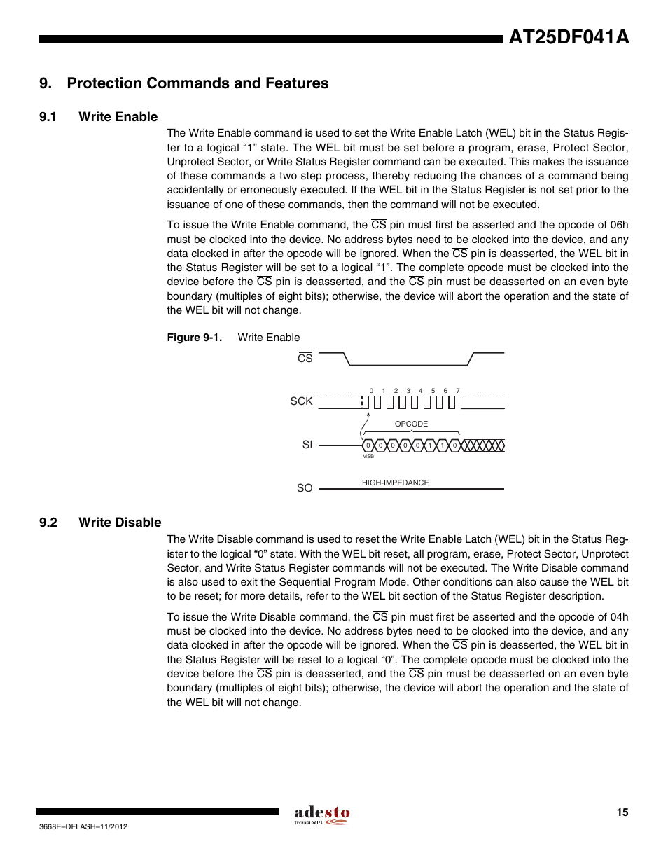 Protection commands and features, 1 write enable, 2 write disable | Rainbow Electronics AT25DF041A User Manual | Page 15 / 41