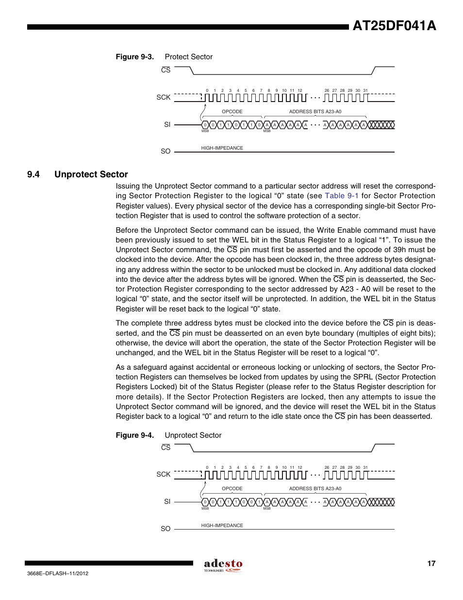 4 unprotect sector, Figure 9-3. protect sector, Sck cs si so | Rainbow Electronics AT25DF041A User Manual | Page 17 / 41