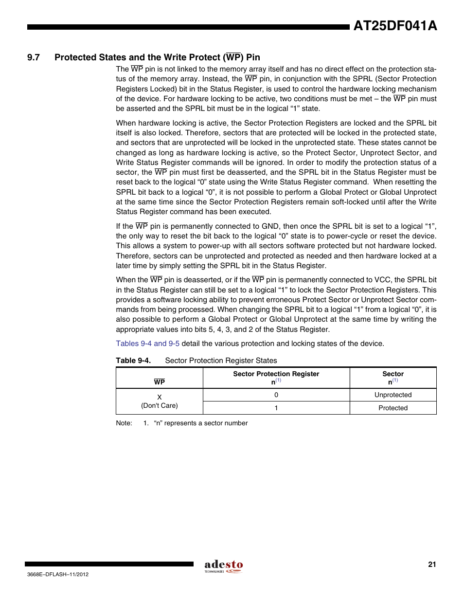 7 protected states and the write protect (wp) pin | Rainbow Electronics AT25DF041A User Manual | Page 21 / 41