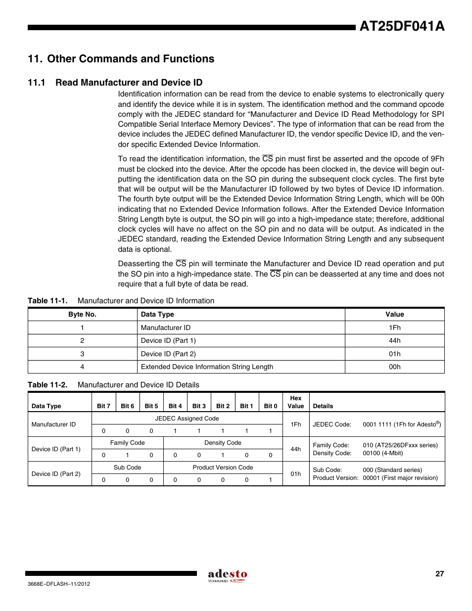 Other commands and functions, 1 read manufacturer and device id | Rainbow Electronics AT25DF041A User Manual | Page 27 / 41