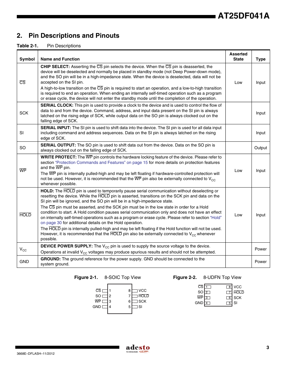 Pin descriptions and pinouts | Rainbow Electronics AT25DF041A User Manual | Page 3 / 41