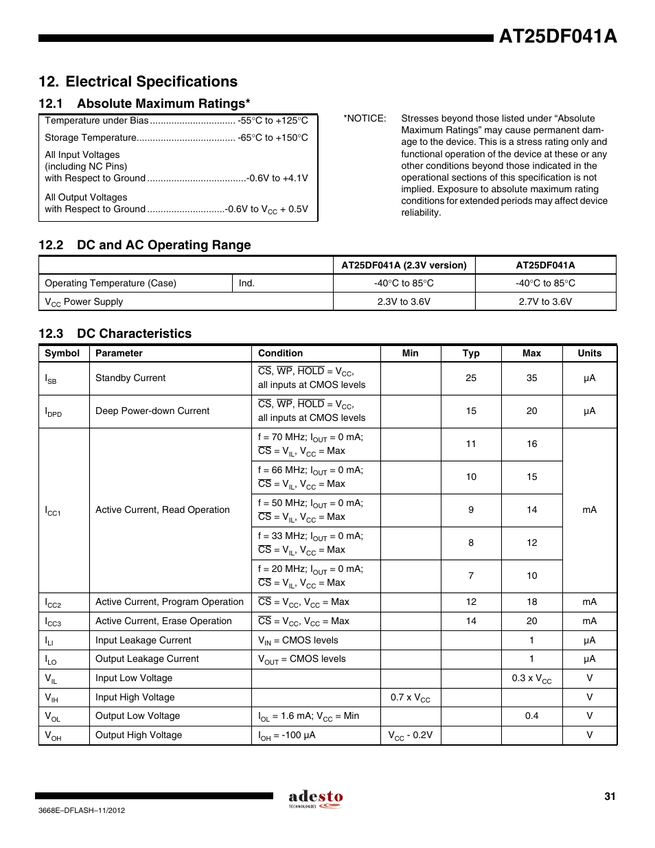 Electrical specifications, 1 absolute maximum ratings, 2 dc and ac operating range | 3 dc characteristics | Rainbow Electronics AT25DF041A User Manual | Page 31 / 41