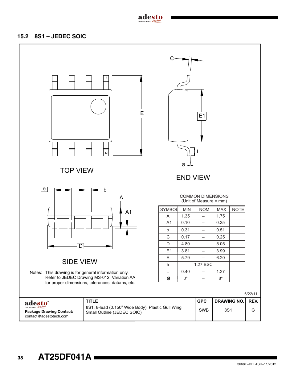 2 8s1 – jedec soic, Top view, End view | Side view | Rainbow Electronics AT25DF041A User Manual | Page 38 / 41