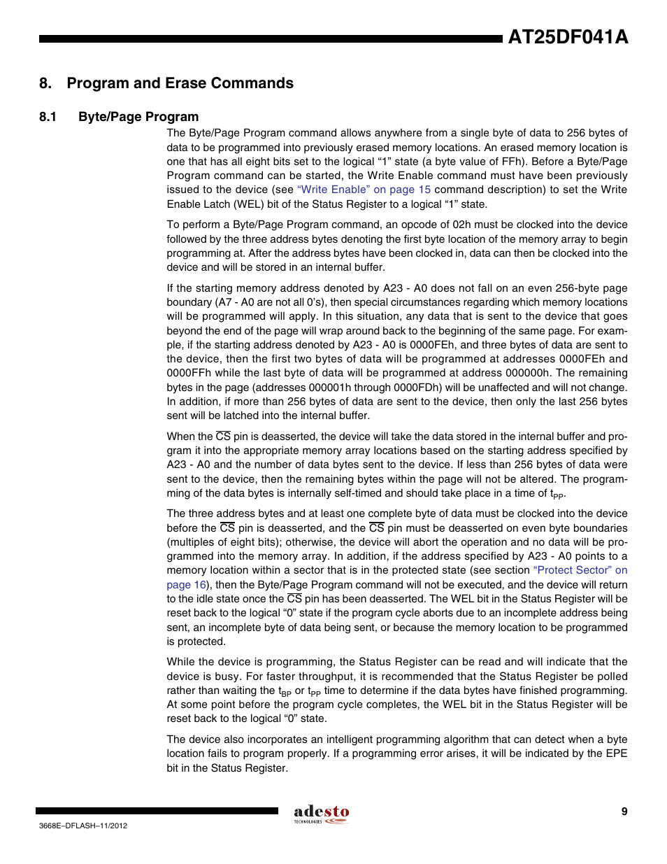 Program and erase commands | Rainbow Electronics AT25DF041A User Manual | Page 9 / 41