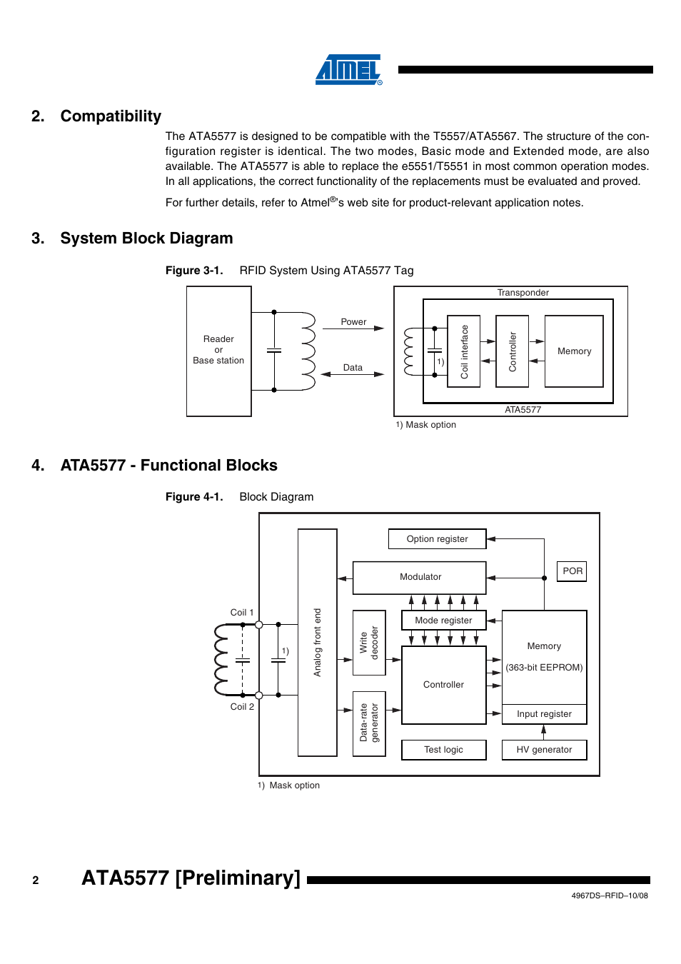 Compatibility, System block diagram, Ata5577 - functional blocks | Ata5577 [preliminary | Rainbow Electronics ATA5577 User Manual | Page 2 / 8