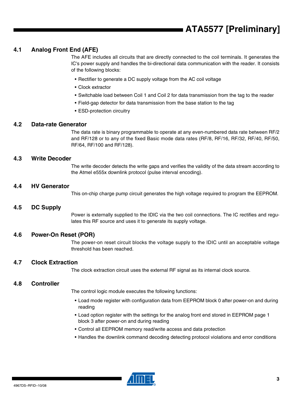 1 analog front end (afe), 2 data-rate generator, 3 write decoder | 4 hv generator, 5 dc supply, 6 power-on reset (por), 7 clock extraction, 8 controller, Ata5577 [preliminary | Rainbow Electronics ATA5577 User Manual | Page 3 / 8