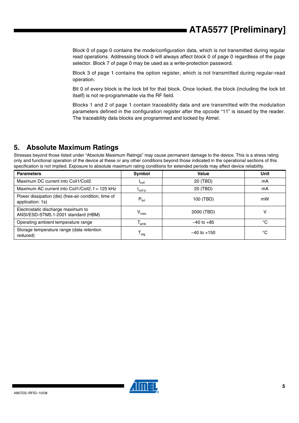 Absolute maximum ratings, Ata5577 [preliminary | Rainbow Electronics ATA5577 User Manual | Page 5 / 8