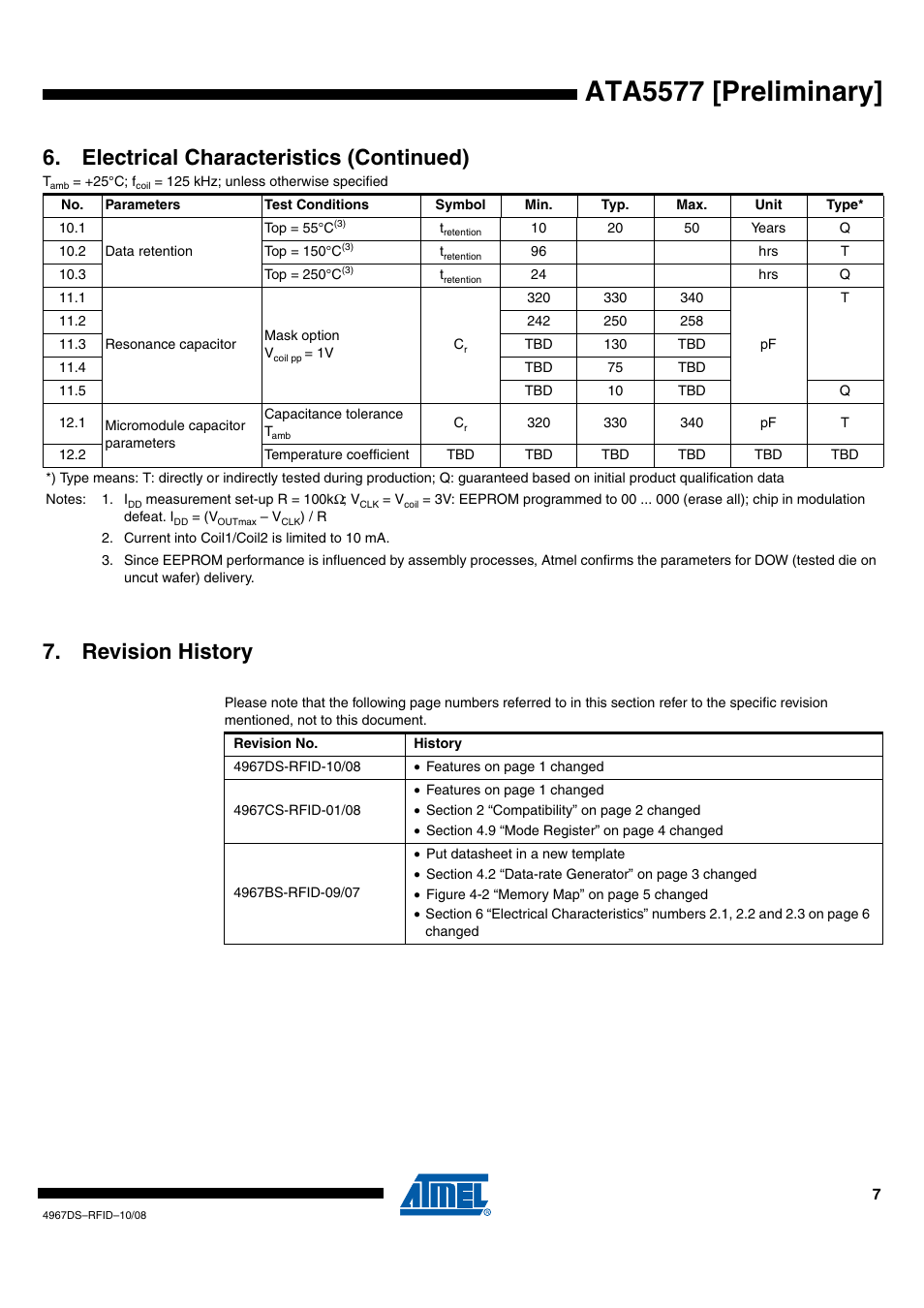 Revision history, Ata5577 [preliminary, Electrical characteristics (continued) | Rainbow Electronics ATA5577 User Manual | Page 7 / 8