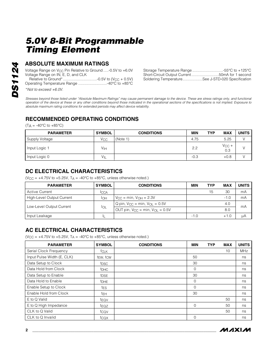 Dc electrical characteristics, Ac electrical characteristics | Rainbow Electronics DS1124 User Manual | Page 2 / 9