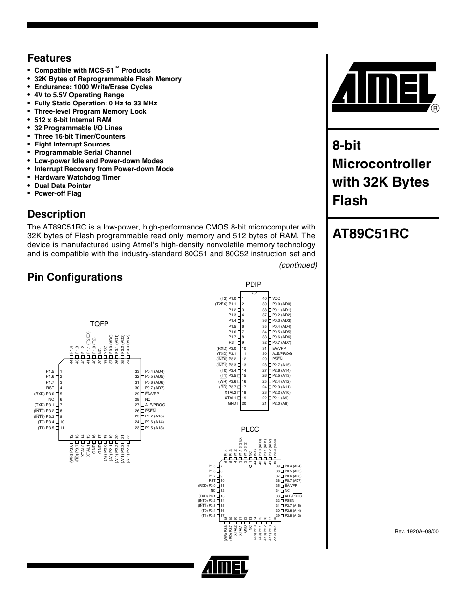 Rainbow Electronics AT89C51RC User Manual | 25 pages