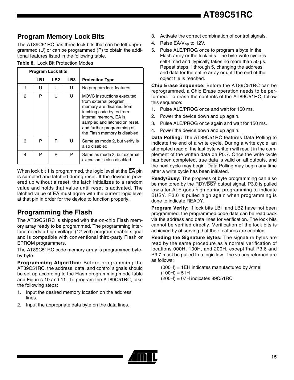 Program memory lock bits, Programming the flash, At89c51rc | Rainbow Electronics AT89C51RC User Manual | Page 15 / 25