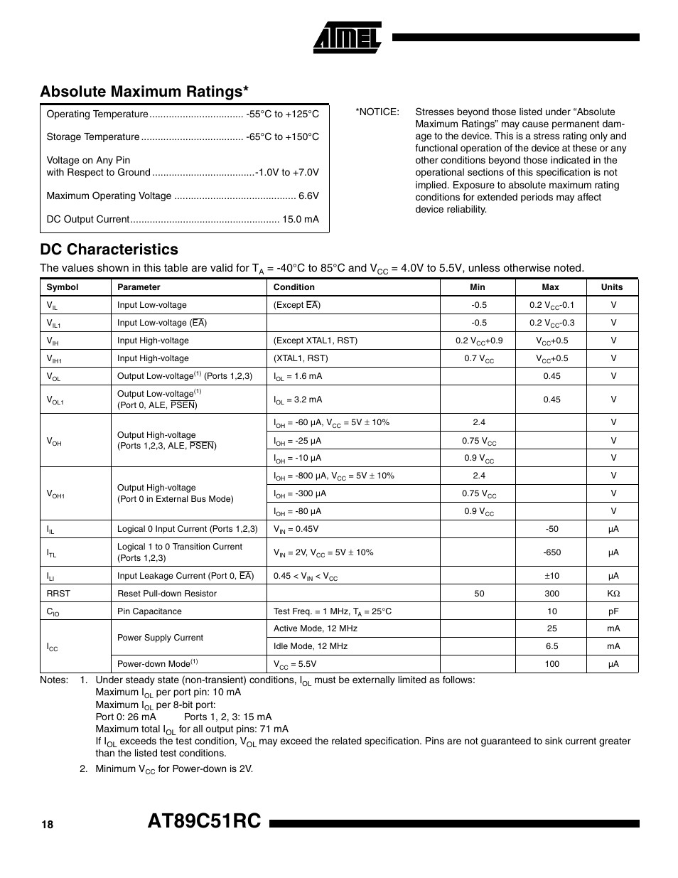 Absolute maximum ratings, Dc characteristics, At89c51rc | The values shown in this table are valid for t, 40°c to 85°c and v | Rainbow Electronics AT89C51RC User Manual | Page 18 / 25