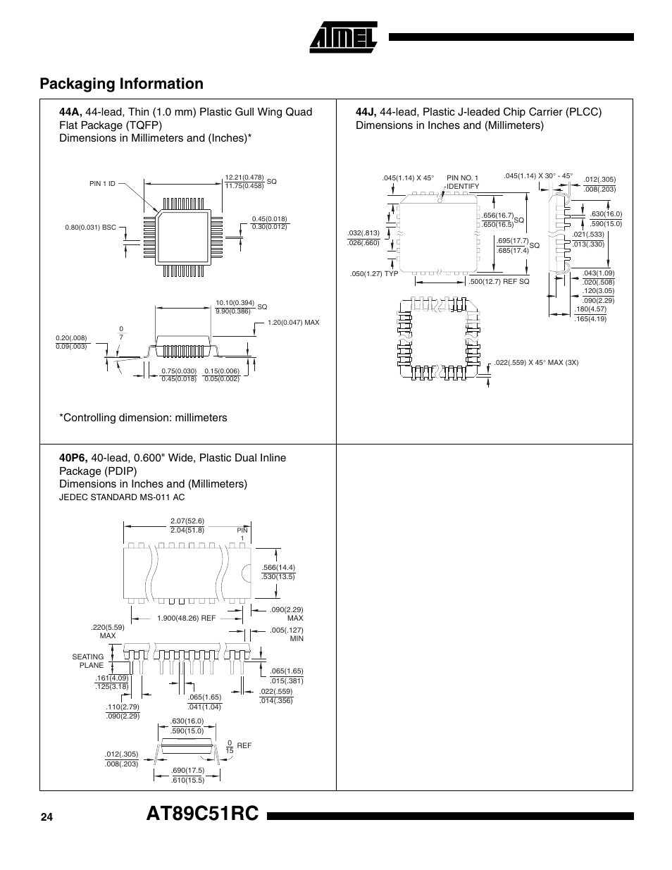 At89c51rc, Packaging information, Controlling dimension: millimeters | Rainbow Electronics AT89C51RC User Manual | Page 24 / 25