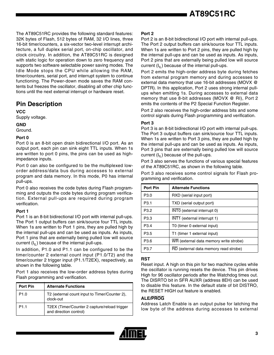 Pin description, Port 0, Port 1 | Port 2, Port 3, Ale/prog, At89c51rc | Rainbow Electronics AT89C51RC User Manual | Page 3 / 25