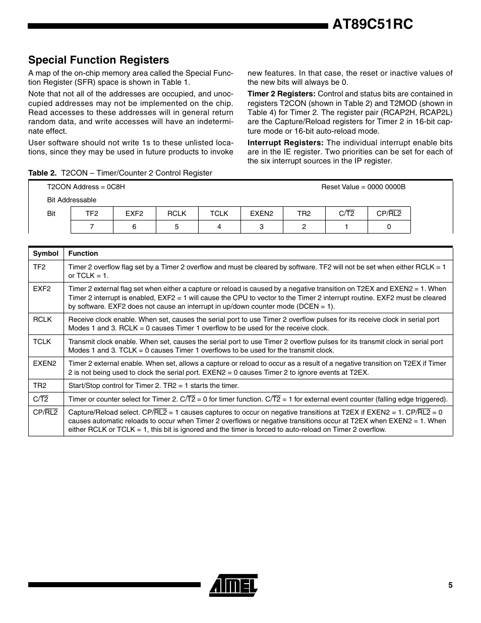 Special function registers, At89c51rc | Rainbow Electronics AT89C51RC User Manual | Page 5 / 25