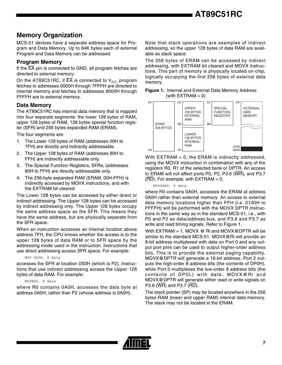 Memory organization, Program memory, Data memory | At89c51rc | Rainbow Electronics AT89C51RC User Manual | Page 7 / 25