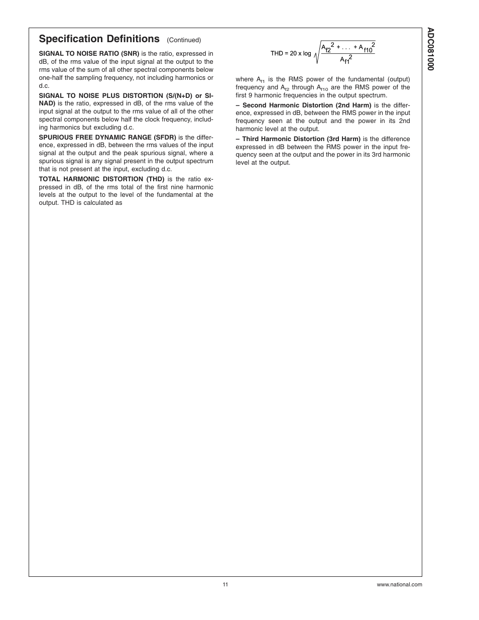 Specification definitions | Rainbow Electronics ADC081000 User Manual | Page 11 / 29