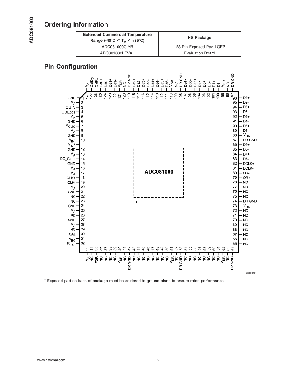 Ordering information, Pin configuration | Rainbow Electronics ADC081000 User Manual | Page 2 / 29