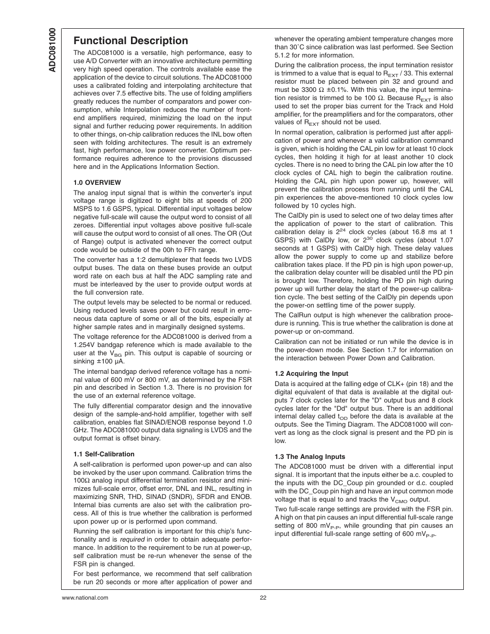 Functional description, 0 overview, 1 self-calibration | 2 acquiring the input, 3 the analog inputs | Rainbow Electronics ADC081000 User Manual | Page 22 / 29