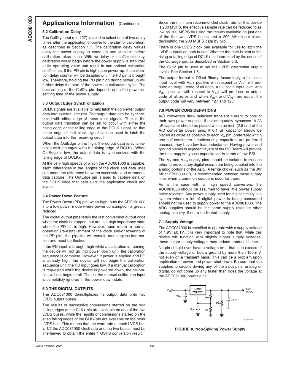 2 calibration delay, 3 output edge synchronization, 4 power down feature | 0 the digital outputs, 0 power considerations, 1 supply voltage, Figure 8. non-spiking power supply, Applications information | Rainbow Electronics ADC081000 User Manual | Page 26 / 29