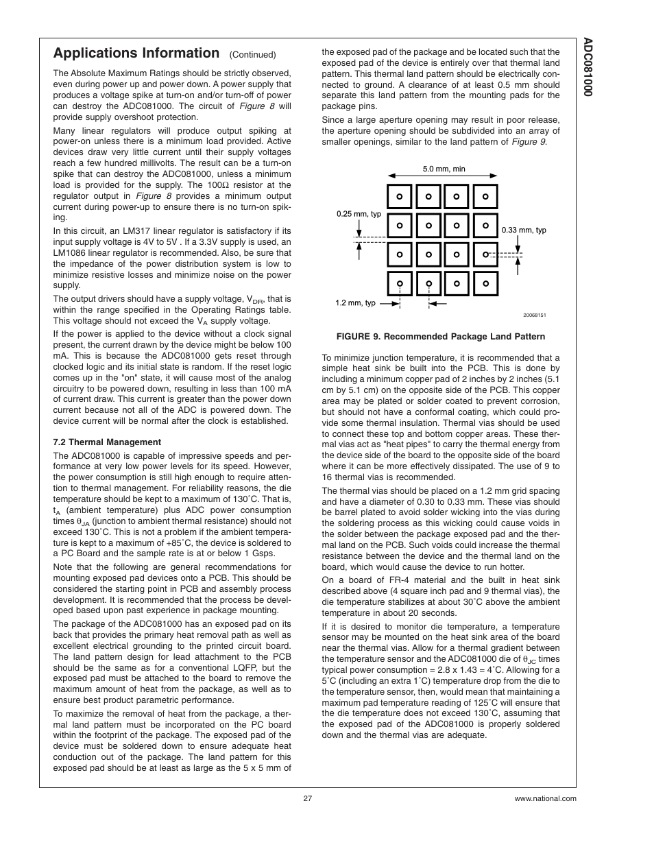 2 thermal management, Figure 9. recommended package land pattern, Applications information | Rainbow Electronics ADC081000 User Manual | Page 27 / 29