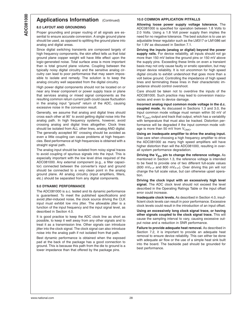 0 layout and grounding, 0 dynamic performance, 0 common application pitfalls | Applications information | Rainbow Electronics ADC081000 User Manual | Page 28 / 29