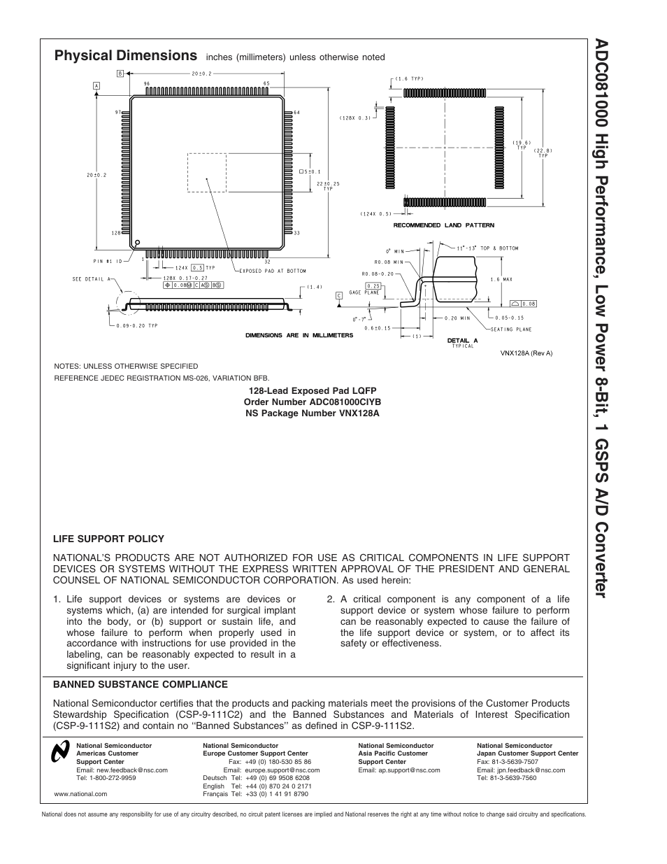 Physical dimensions | Rainbow Electronics ADC081000 User Manual | Page 29 / 29