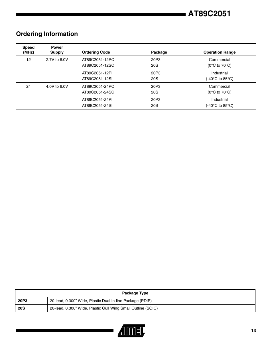 Ordering information | Rainbow Electronics АТ89С2051 User Manual | Page 13 / 15